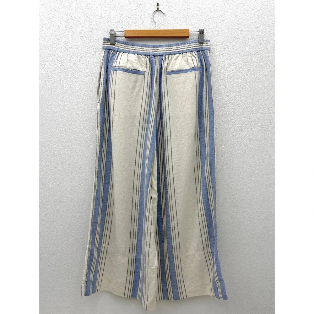 Banana Republic Linen Blend Striped Wide Leg Pants Blue Cream‎ High Rise Small